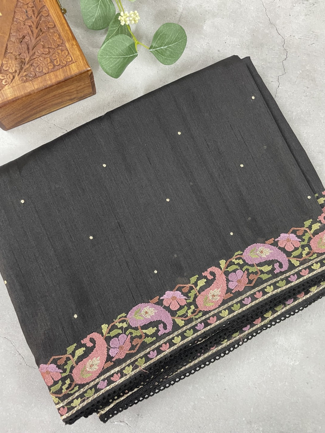 Black Embroidered Semi Tussar Saree