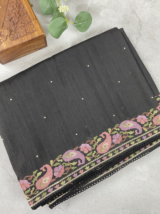 Black Embroidered Semi Tussar Saree
