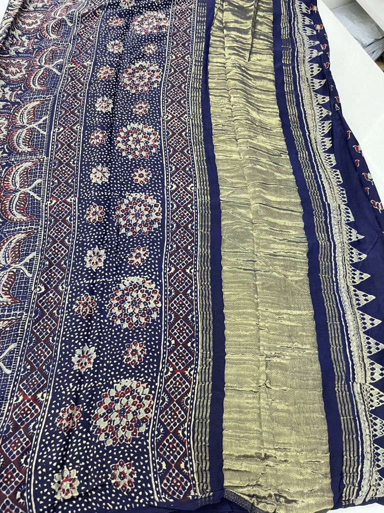 Blue Ajrakh Pure Modal Silk Saree