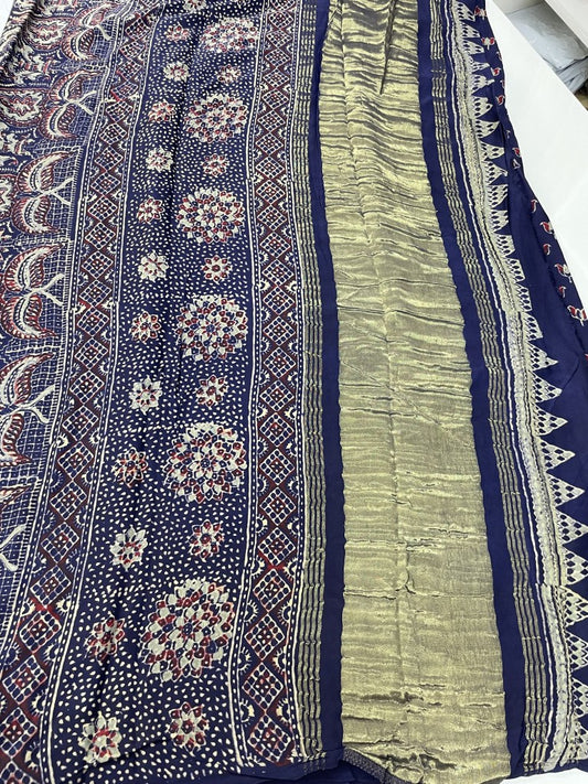 Blue Ajrakh Pure Modal Silk Saree