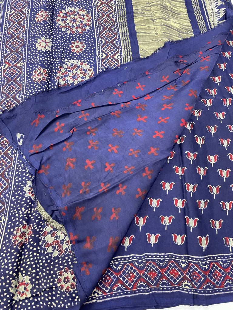 Blue Ajrakh Pure Modal Silk Saree