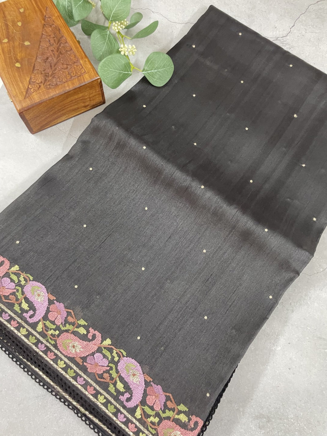 Black Embroidered Semi Tussar Saree
