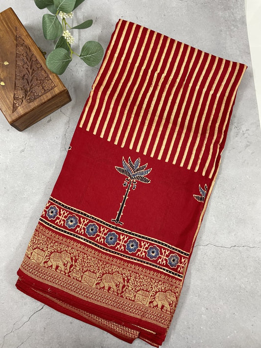 Red Stripe Tree Ajrakh Dola Silk Saree