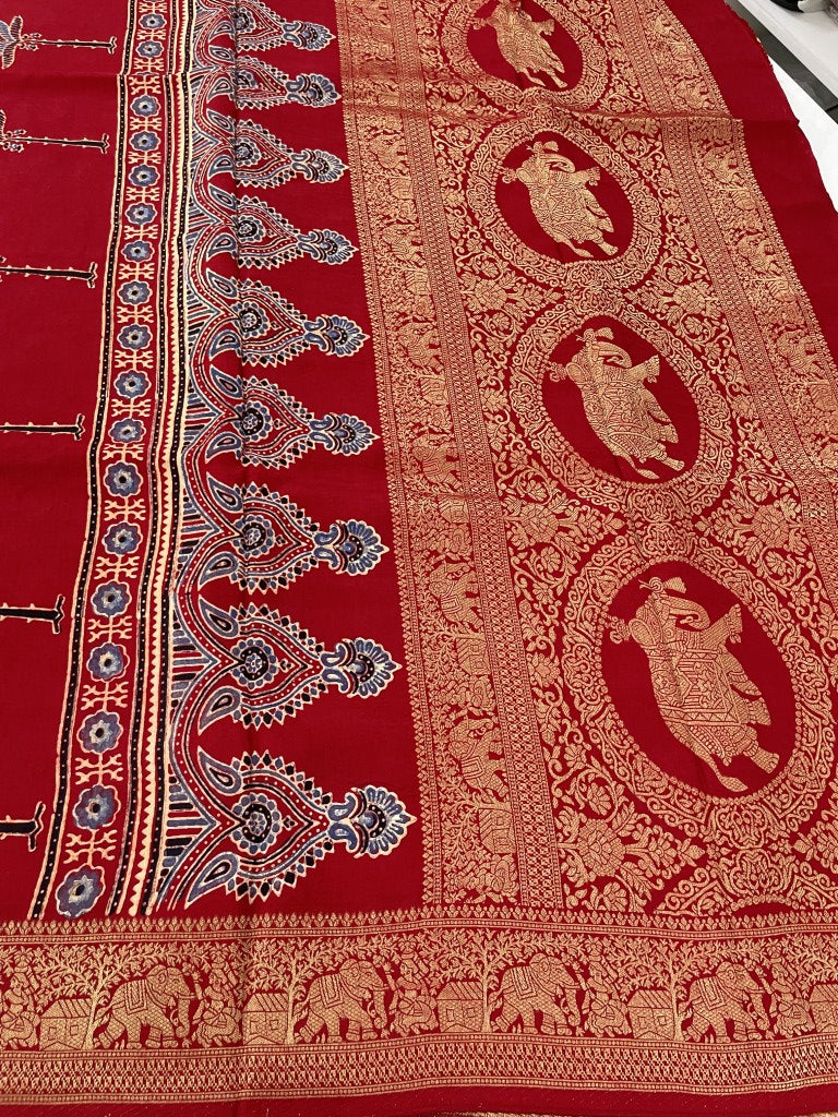 Red Stripe Tree Ajrakh Dola Silk Saree