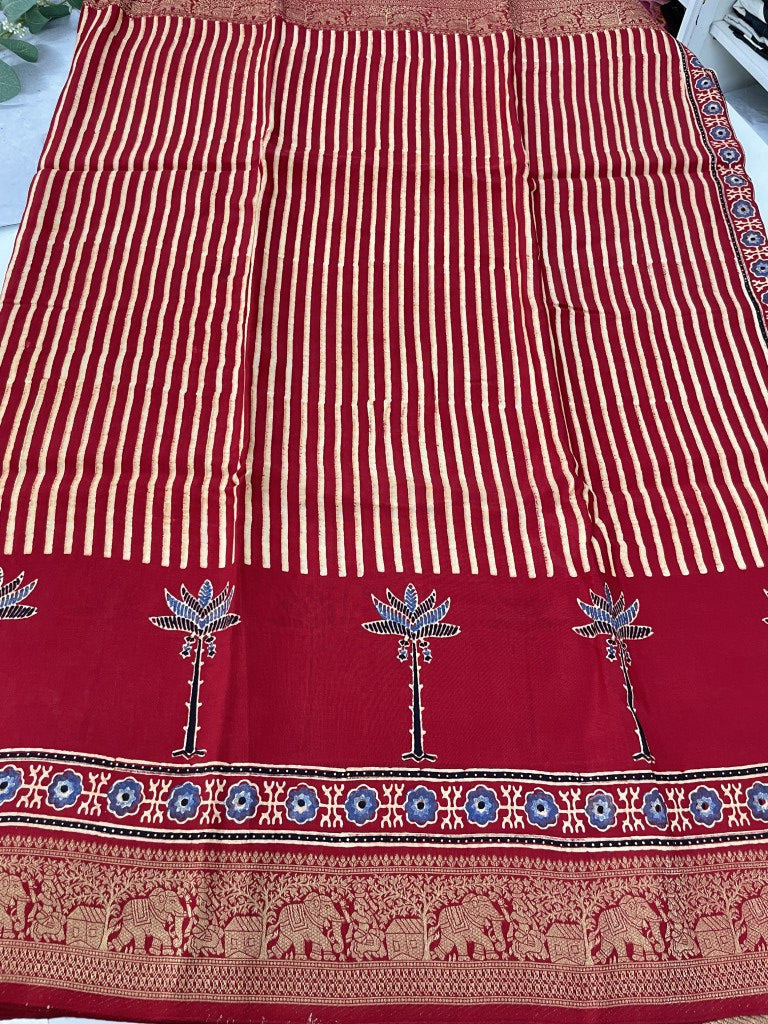 Red Stripe Tree Ajrakh Dola Silk Saree