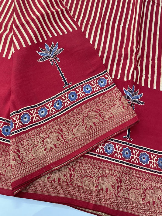 Red Stripe Tree Ajrakh Dola Silk Saree