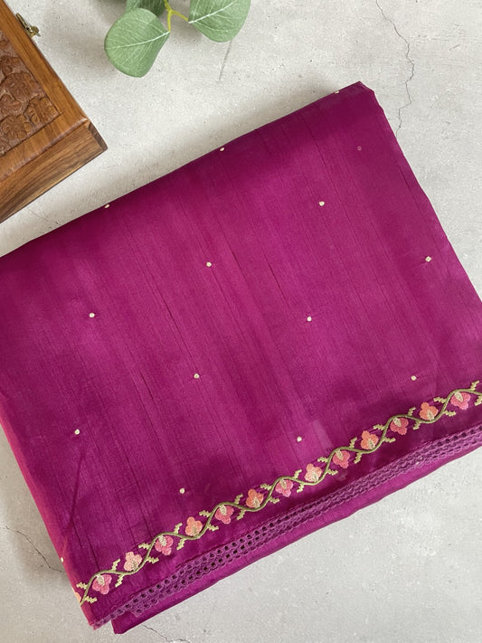 Purple Embroidered Semi Tussar Saree