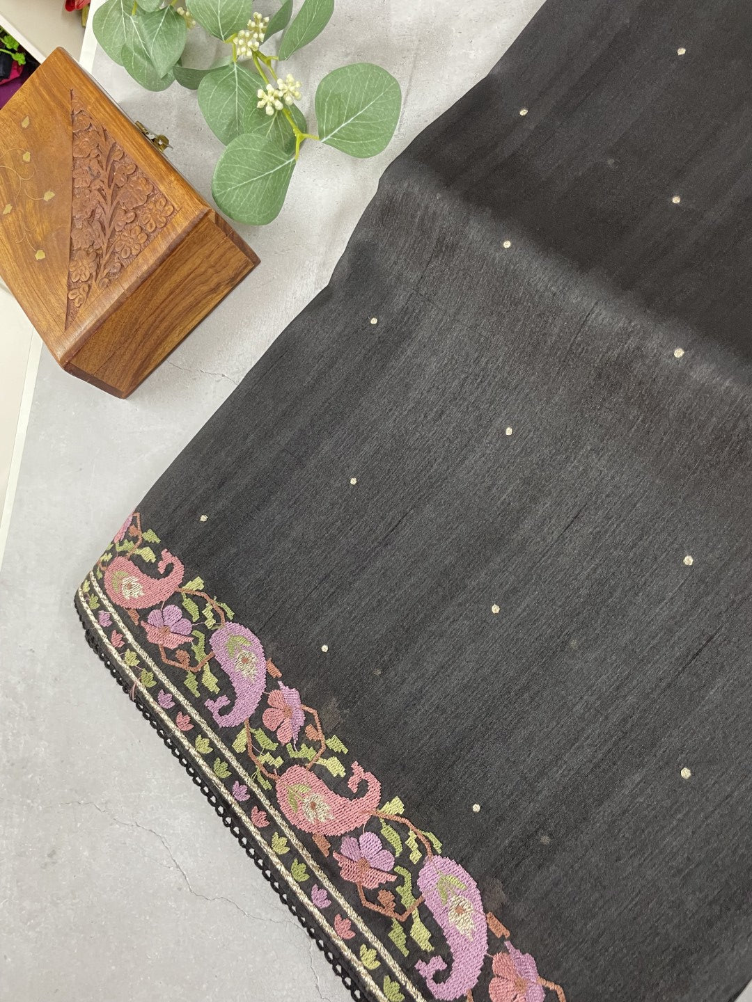 Black Embroidered Semi Tussar Saree