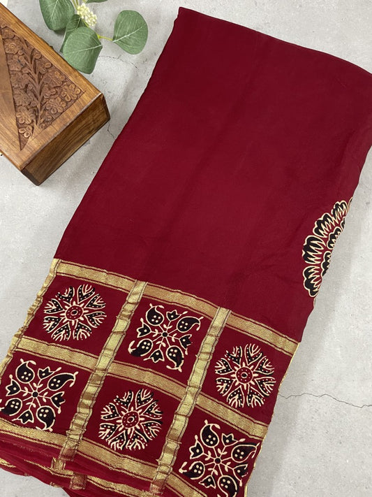 Maroon Gharchola Ajrakh Pure Modal Silk Saree