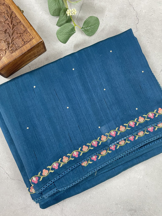 Blue Embroidered Semi Tussar Saree