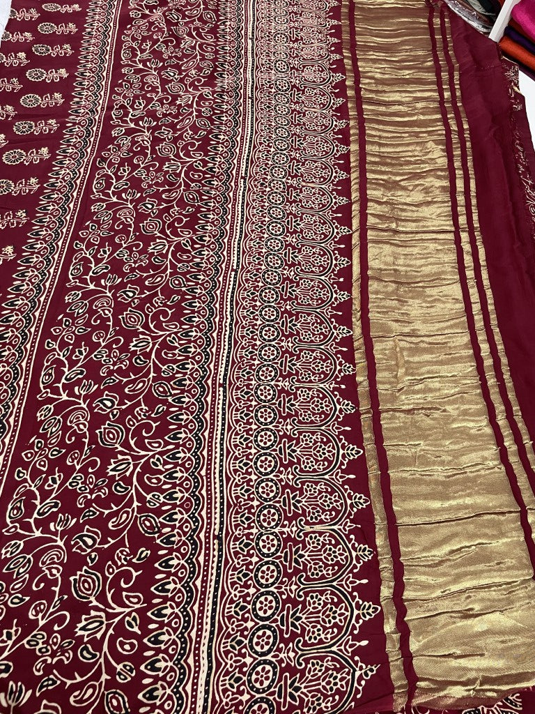 Maroon Gharchola Ajrakh Pure Modal Silk Saree