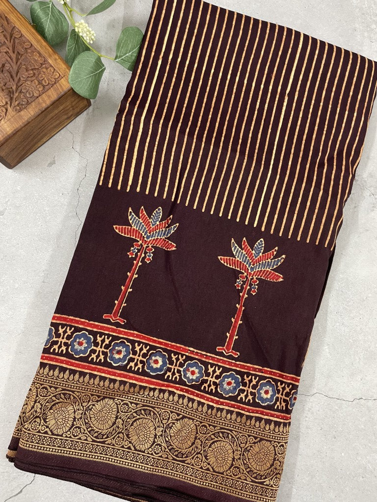 Brown Stripe Tree Ajrakh Dola Silk Saree