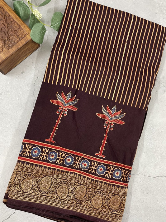 Brown Stripe Tree Ajrakh Dola Silk Saree