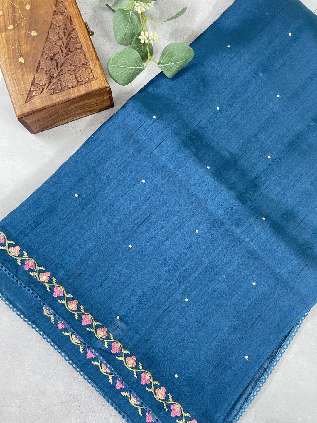 Blue Embroidered Semi Tussar Saree