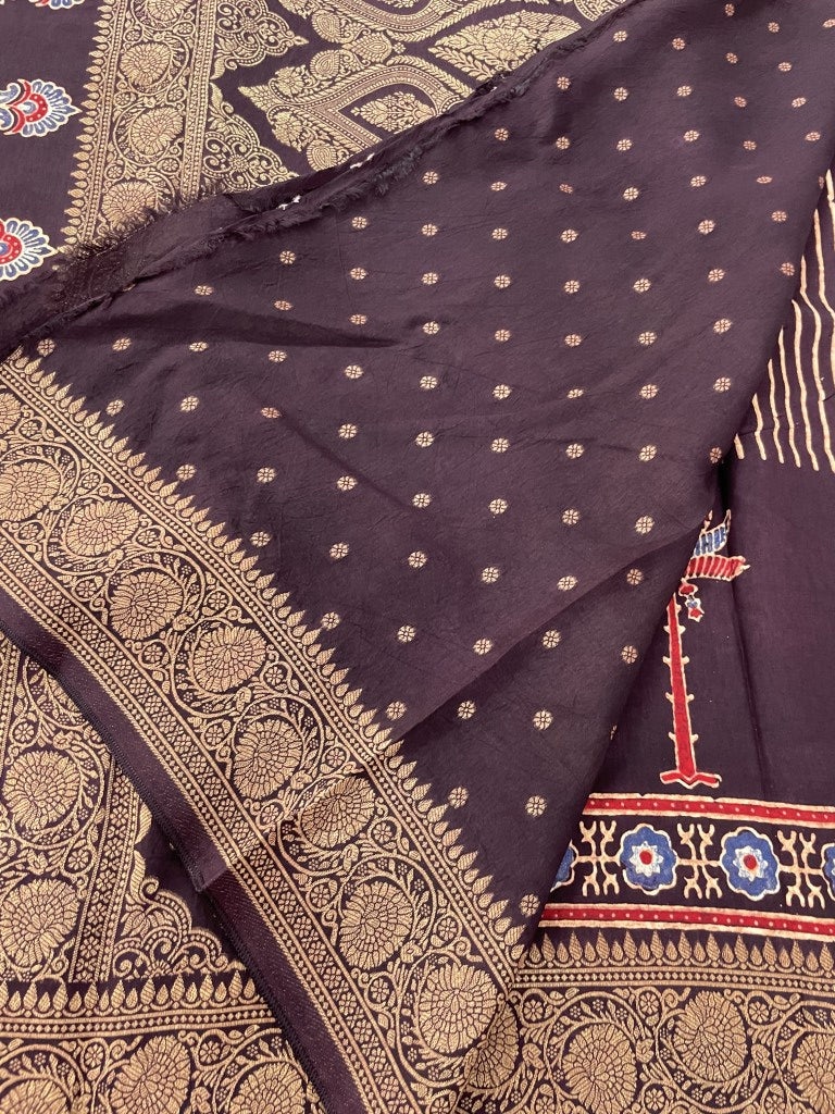 Brown Stripe Tree Ajrakh Dola Silk Saree