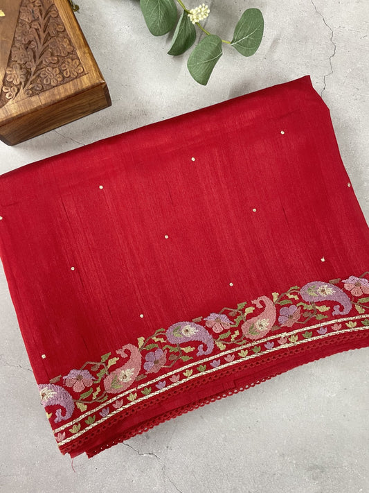 Red Embroidered Semi Tussar Saree