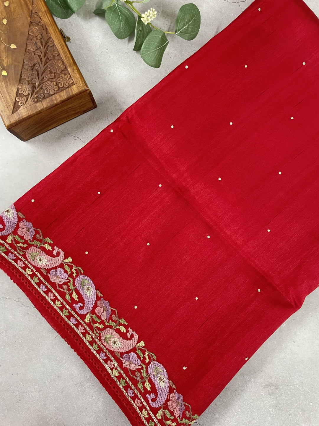 Red Embroidered Semi Tussar Saree