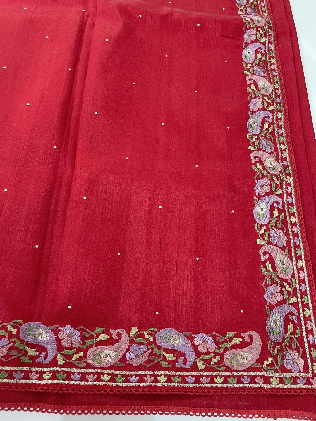 Red Embroidered Semi Tussar Saree