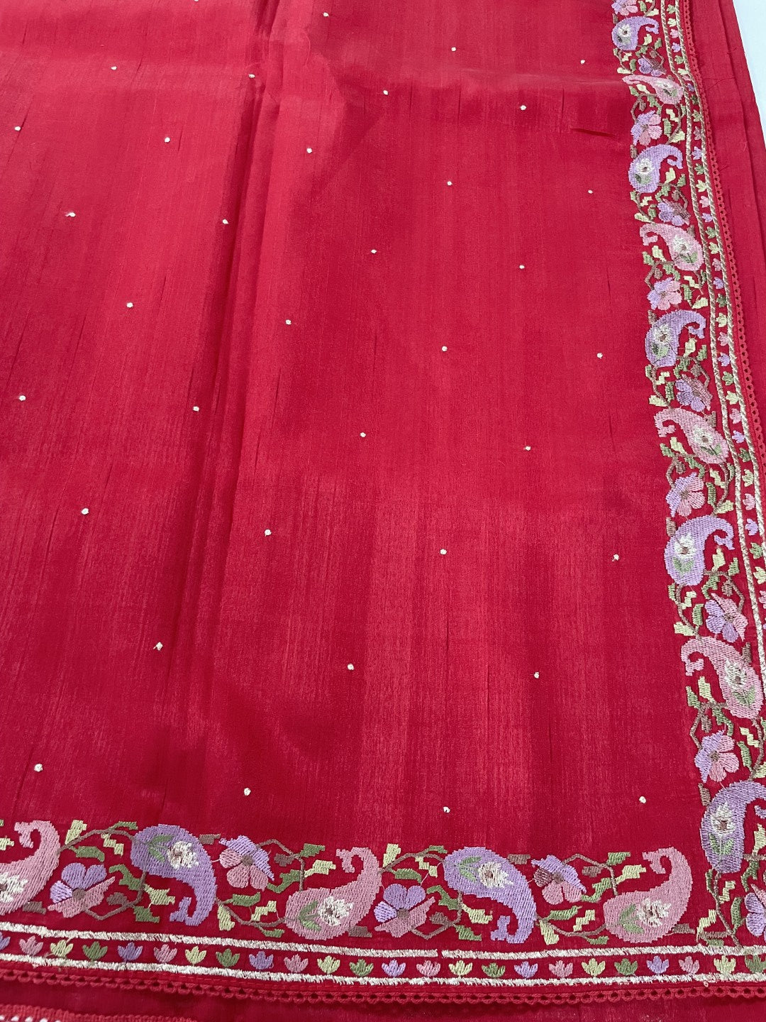 Red Embroidered Semi Tussar Saree
