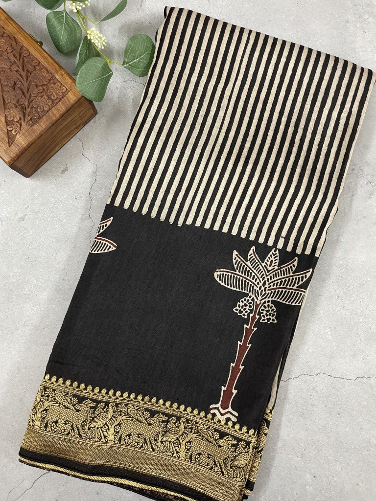 Black Stripe Tree Ajrakh Dola Silk Saree