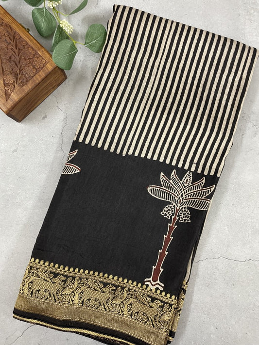 Black Stripe Tree Ajrakh Dola Silk Saree