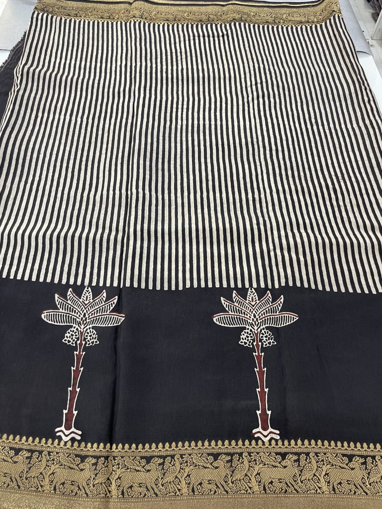 Black Stripe Tree Ajrakh Dola Silk Saree