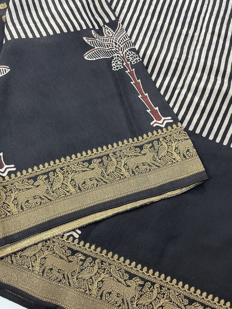 Black Stripe Tree Ajrakh Dola Silk Saree