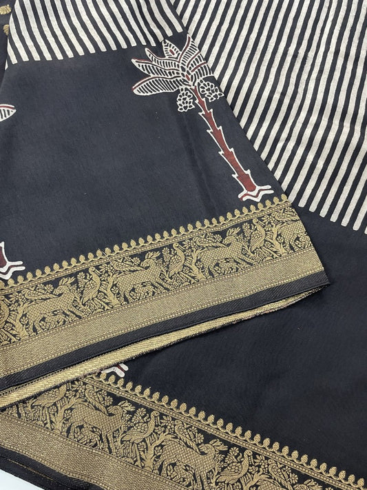 Black Stripe Tree Ajrakh Dola Silk Saree