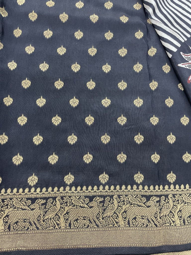 Black Stripe Tree Ajrakh Dola Silk Saree