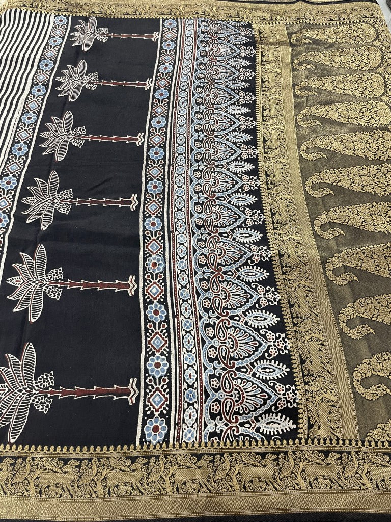Black Stripe Tree Ajrakh Dola Silk Saree