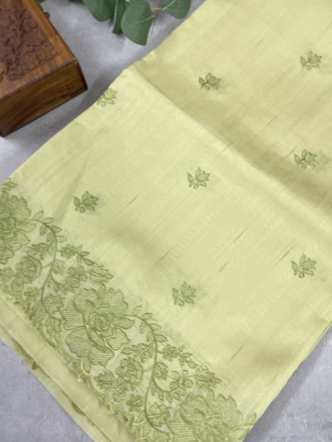 Pastel Green Embroidered Semi Tussar Saree