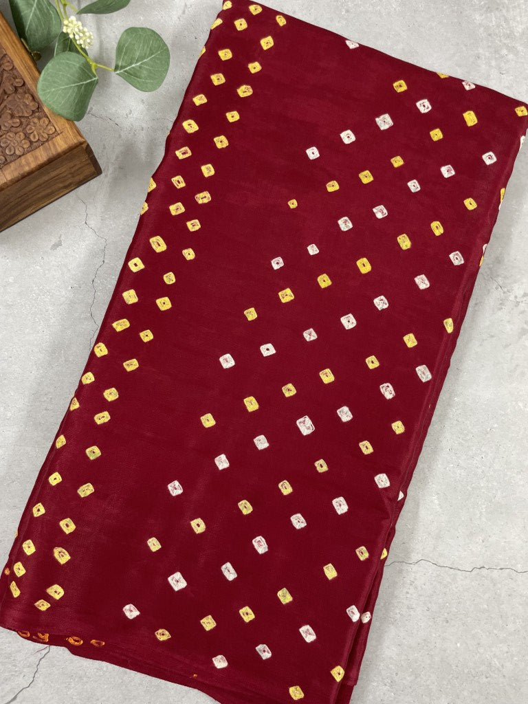 Maroon Hand Bandhini Modal Silk Saree