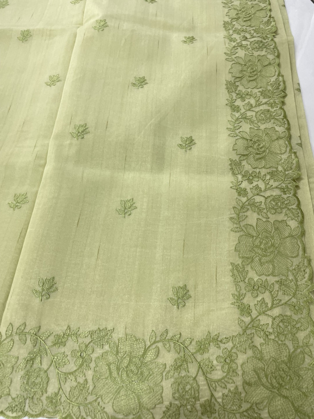Pastel Green Embroidered Semi Tussar Saree