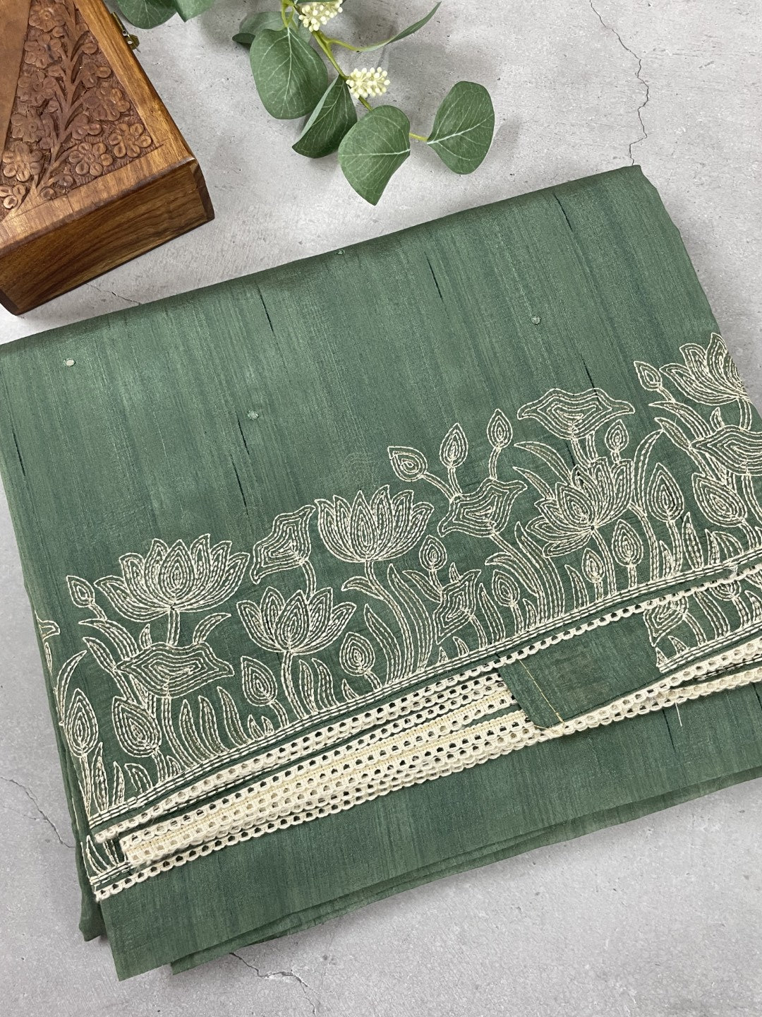 Olive Green Embroidered Semi Tussar Saree