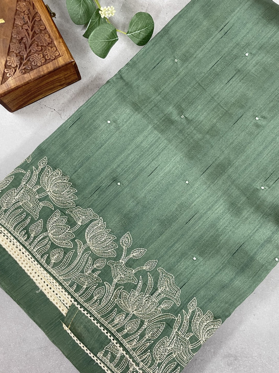 Olive Green Embroidered Semi Tussar Saree