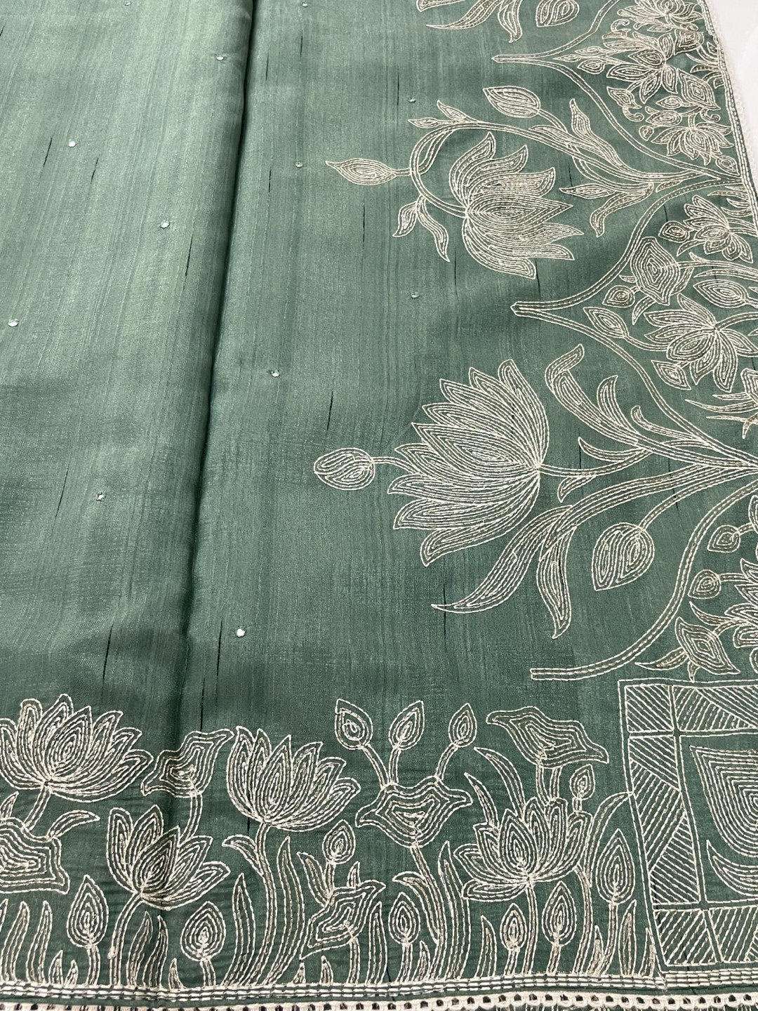 Olive Green Embroidered Semi Tussar Saree