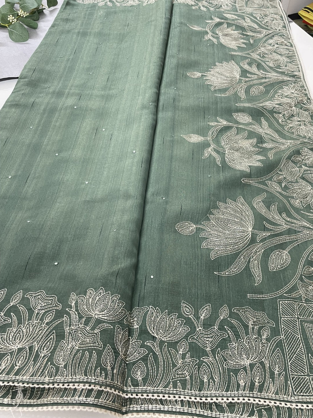 Olive Green Embroidered Semi Tussar Saree