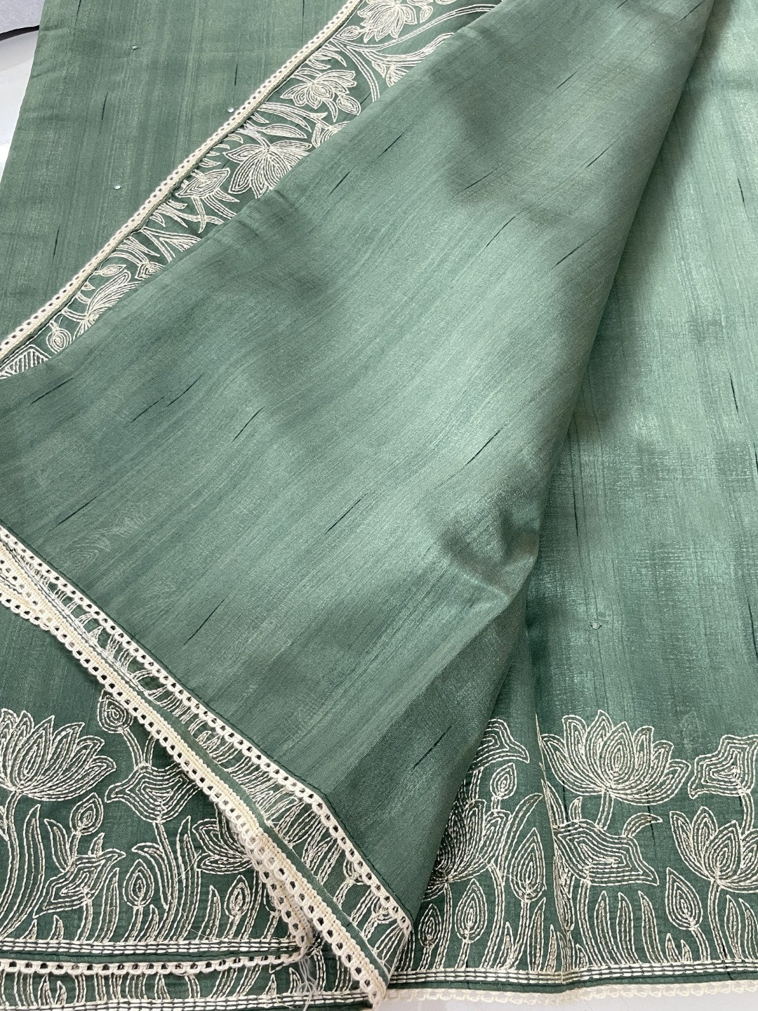 Olive Green Embroidered Semi Tussar Saree