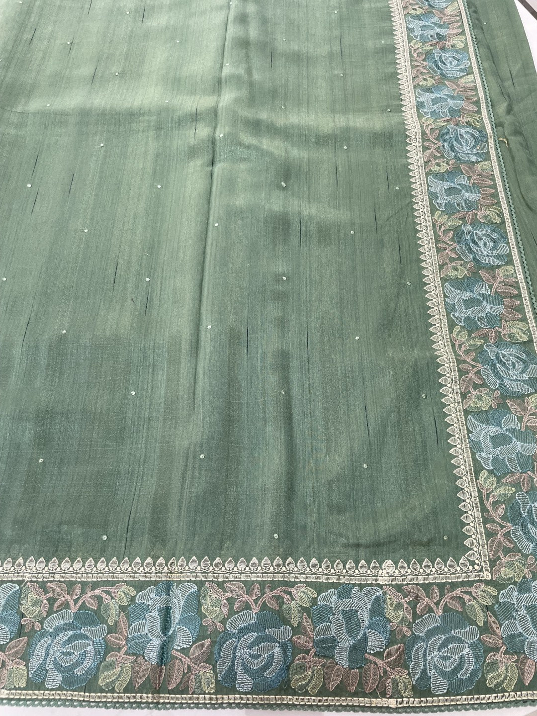 Olive Green 02 Embroidered Semi Tussar Saree