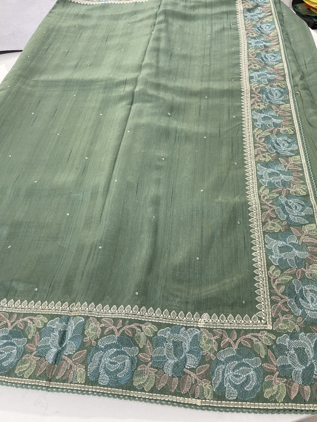 Olive Green 02 Embroidered Semi Tussar Saree
