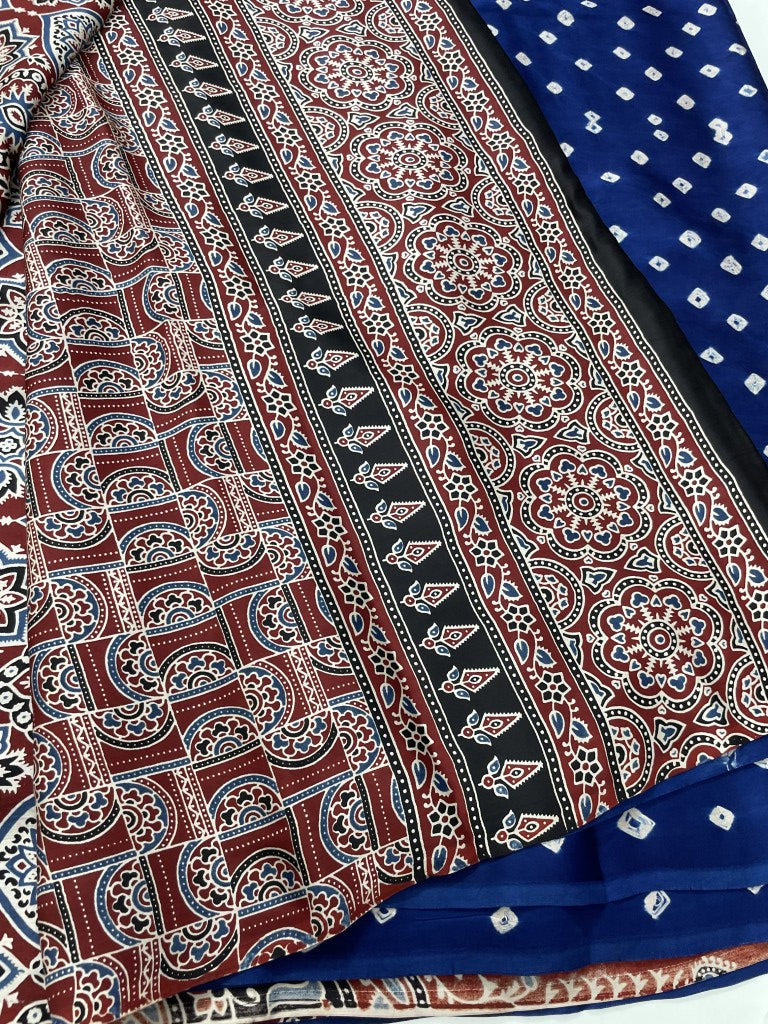 Blue Bandhini Ajrakh Pure Modal Silk Saree