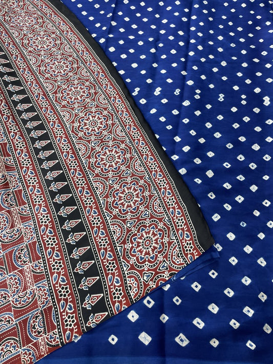 Blue Bandhini Ajrakh Pure Modal Silk Saree