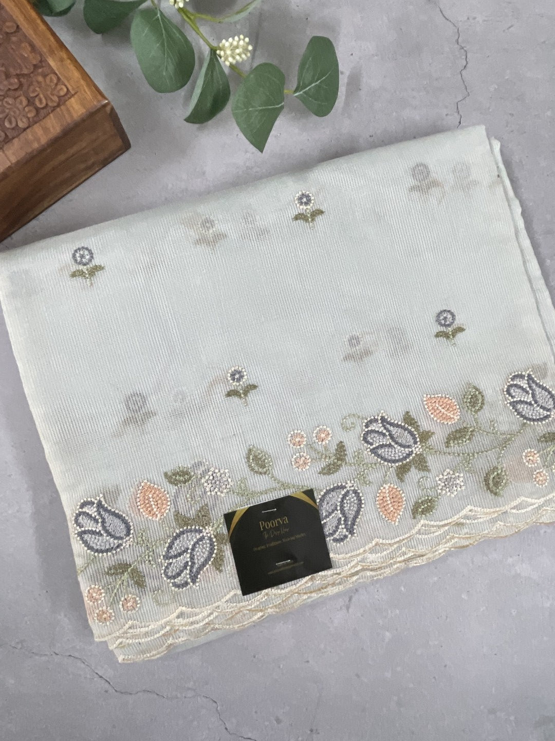 Light Blue Scallop Embroidered Kota  Saree
