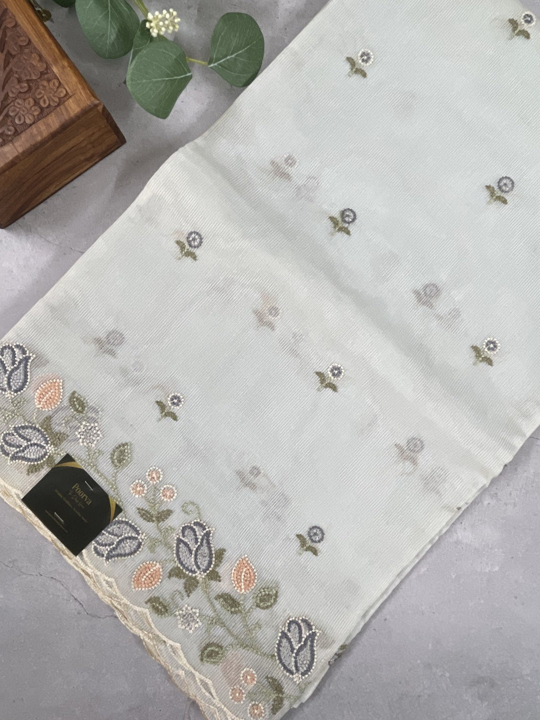 Light Blue Scallop Embroidered Kota  Saree