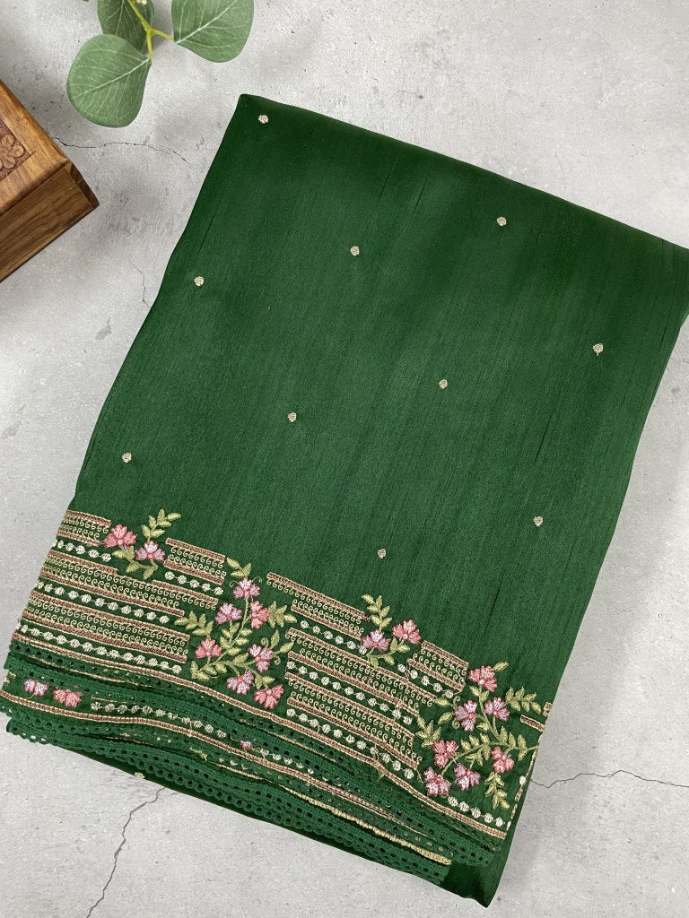 Green Embroidred Semi Tussar Silk Saree
