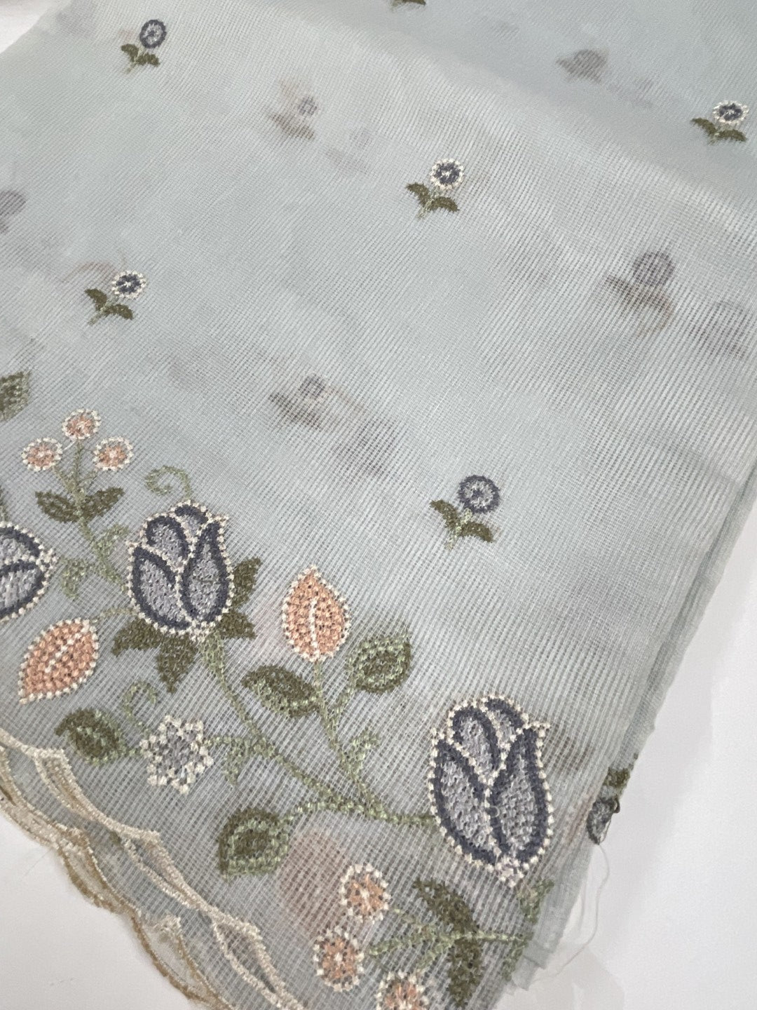 Light Blue Scallop Embroidered Kota  Saree