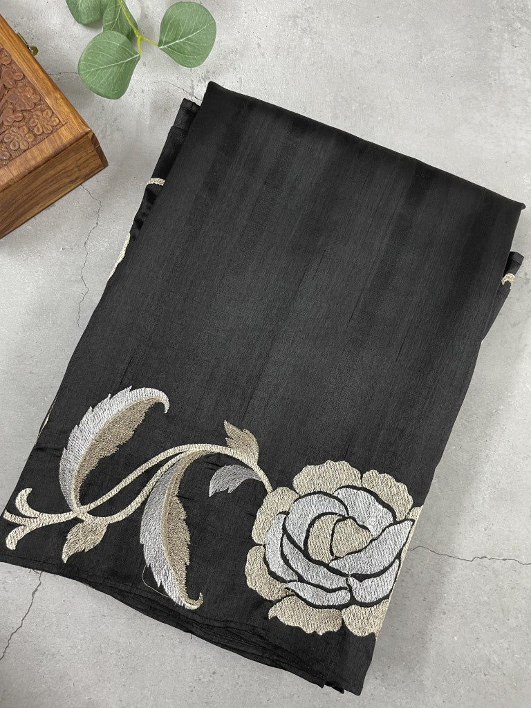 Black Floral Embroidered Semi Tussar Silk Saree