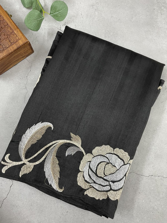 Black Floral Embroidered Semi Tussar Silk Saree