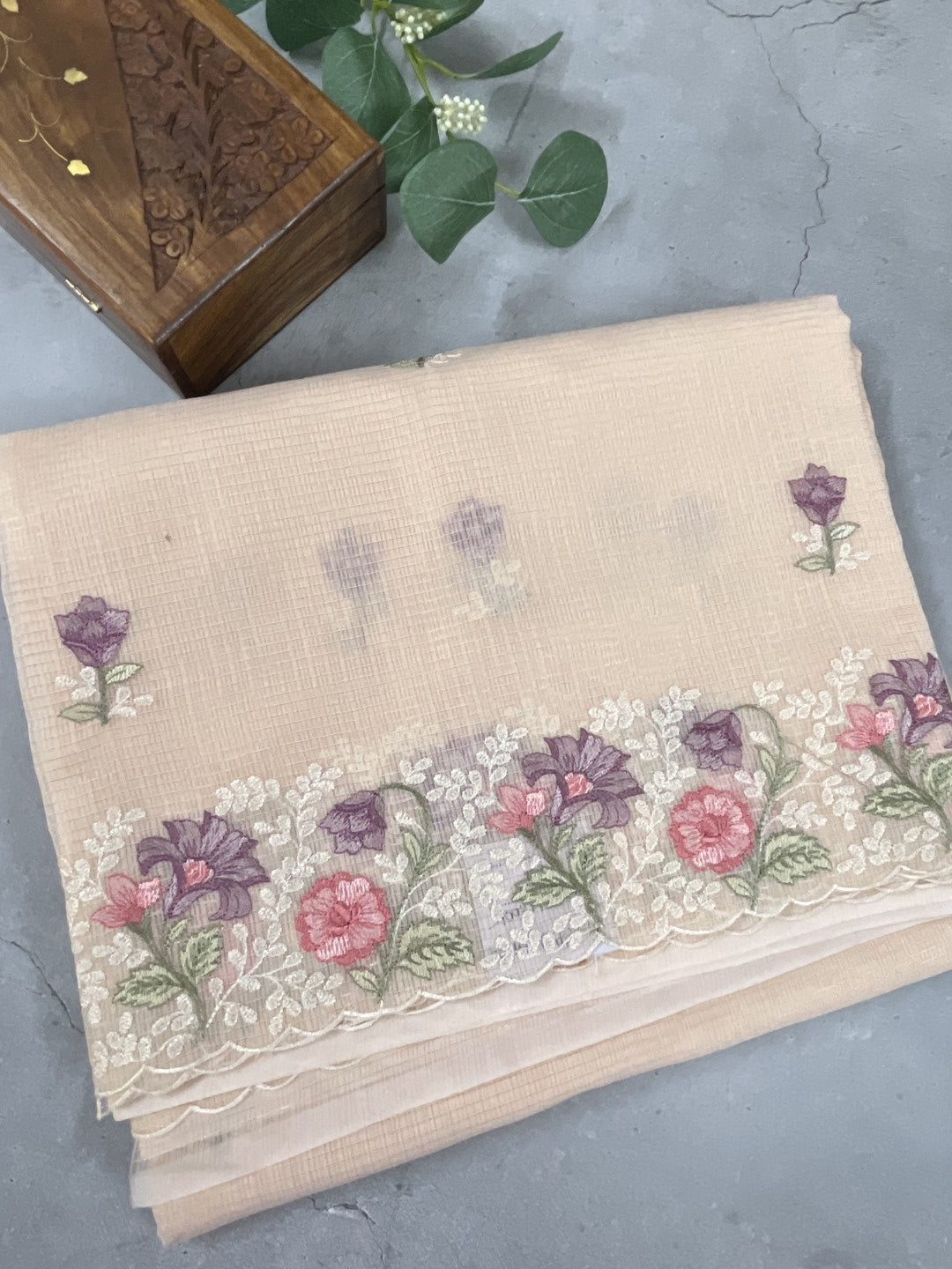 Peach Embroidered Zari Kota Saree
