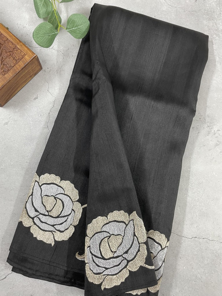Black Floral Embroidered Semi Tussar Silk Saree